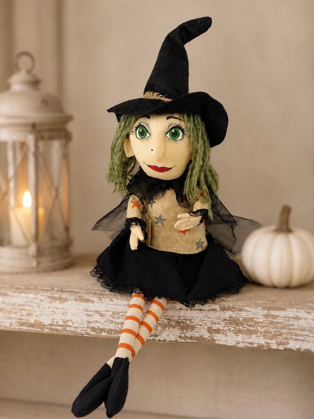Primitive Halloween Witch Shelf Sitter Doll Hand Painted Face 26” with tag